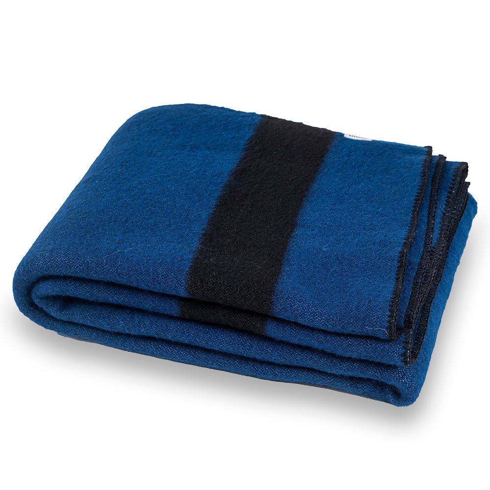 Thick wool blanket Rainbow XII - dark blue with black stripe on both ends-Balkanova