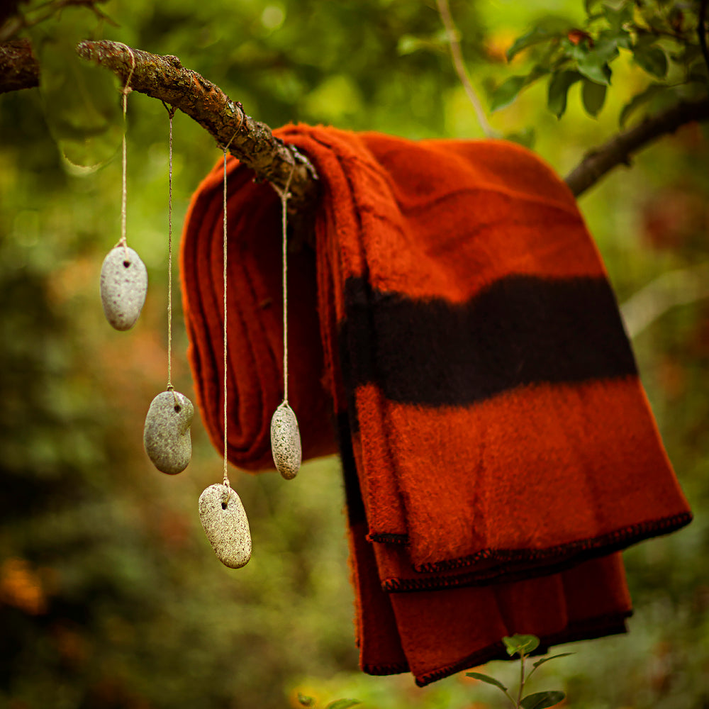 Thick wool blanket Rainbow VII in brick red with a black stripe-Balkanova