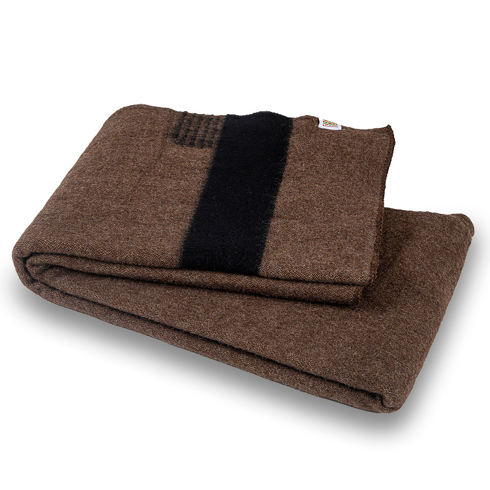 Thick wool blanket Rainbow XVIII - brown with one black stripe on both ends-Balkanova