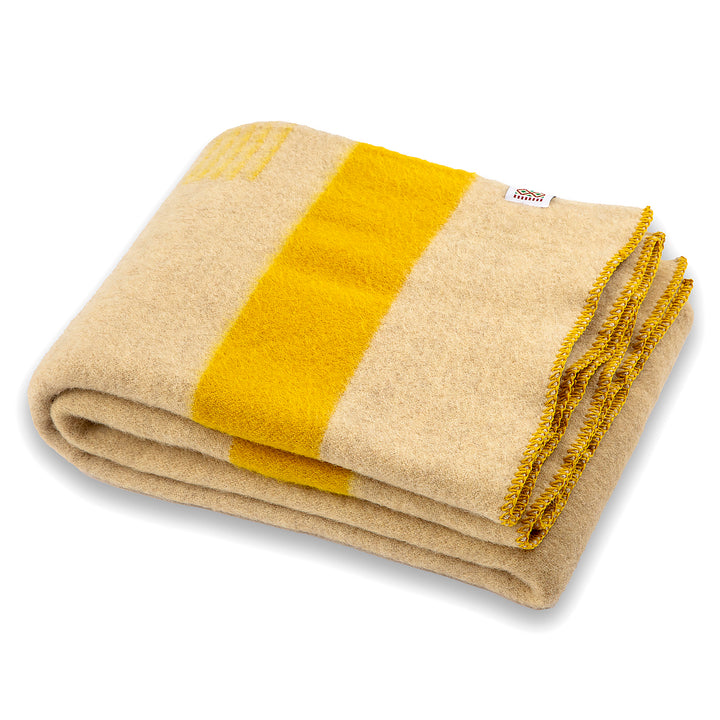 Thick wool blanket Rainbow XXXV - natural unbleached with yellow stripe on both ends