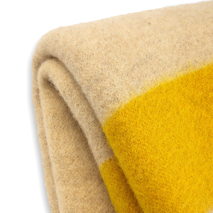 Thick wool blanket Rainbow XXXV - natural unbleached with yellow stripe on both ends