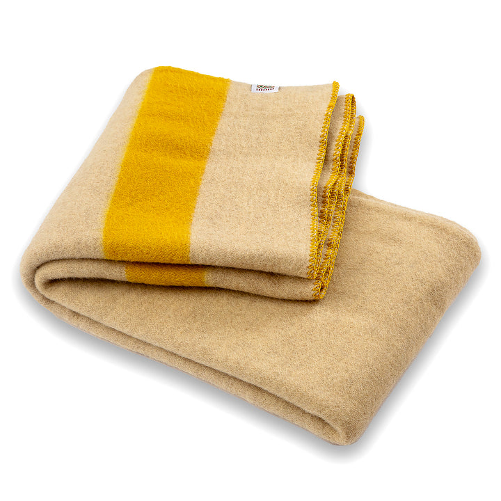 Thick wool blanket Rainbow XXXV - natural unbleached with yellow stripe on both ends