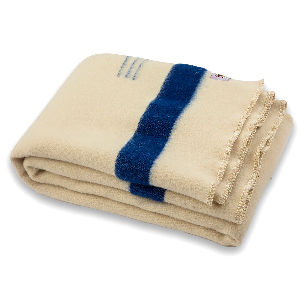 Thick wool blanket Rainbow XXIV “Rouen” – white with a blue stripe on both ends-Balkanova