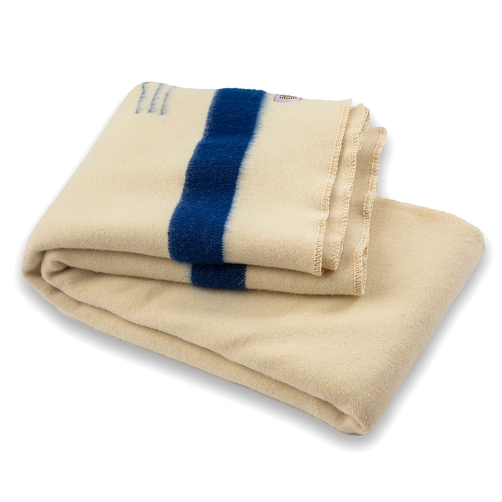 Thick wool blanket Rainbow XXIV “Rouen” – white with a blue stripe on both ends-Balkanova