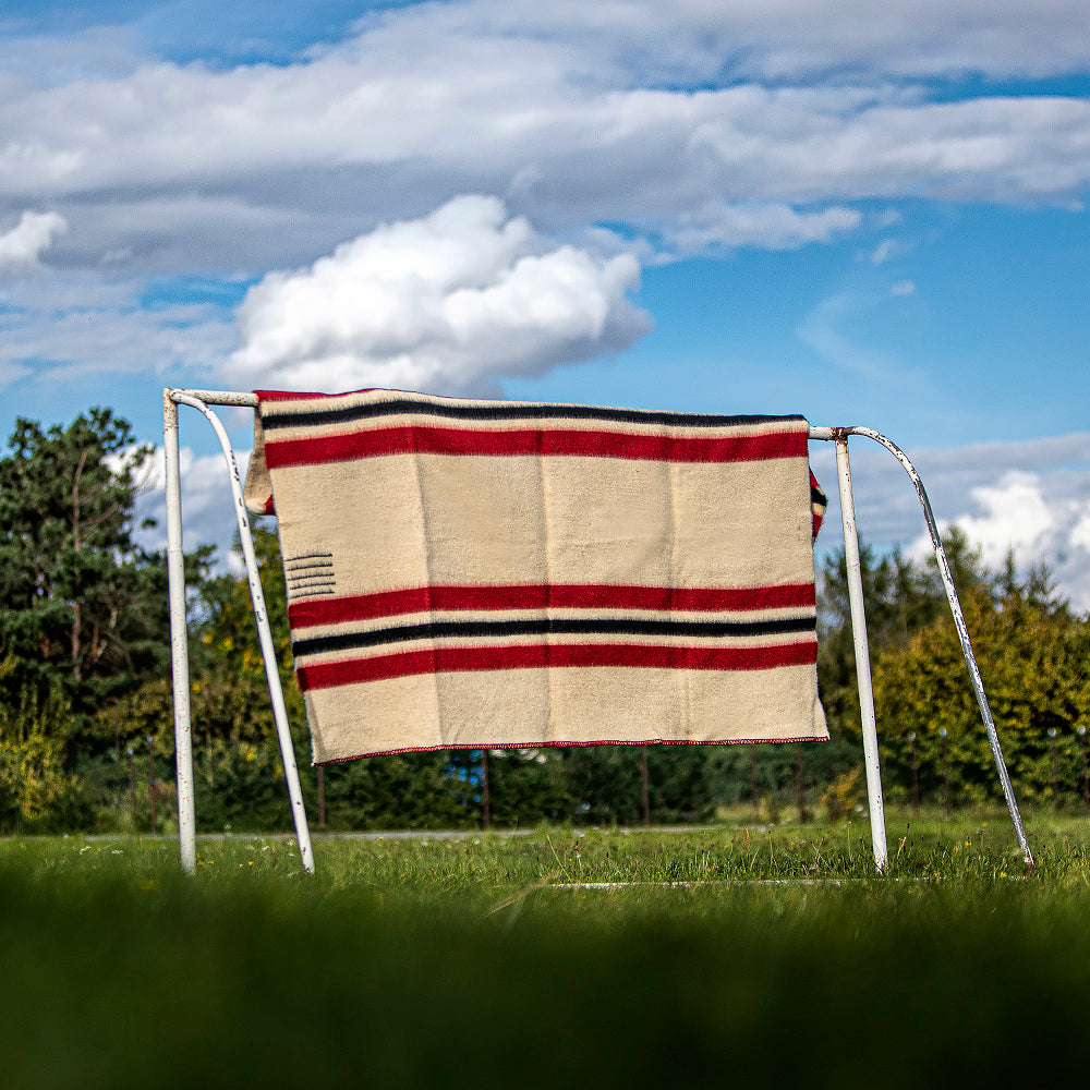 Strong wool blanket Rainbow XIII – white with red and black stripes-Balkanova