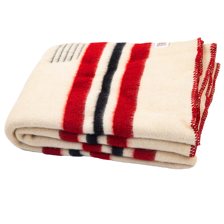 Strong wool blanket Rainbow XIII – white with red and black stripes-Balkanova