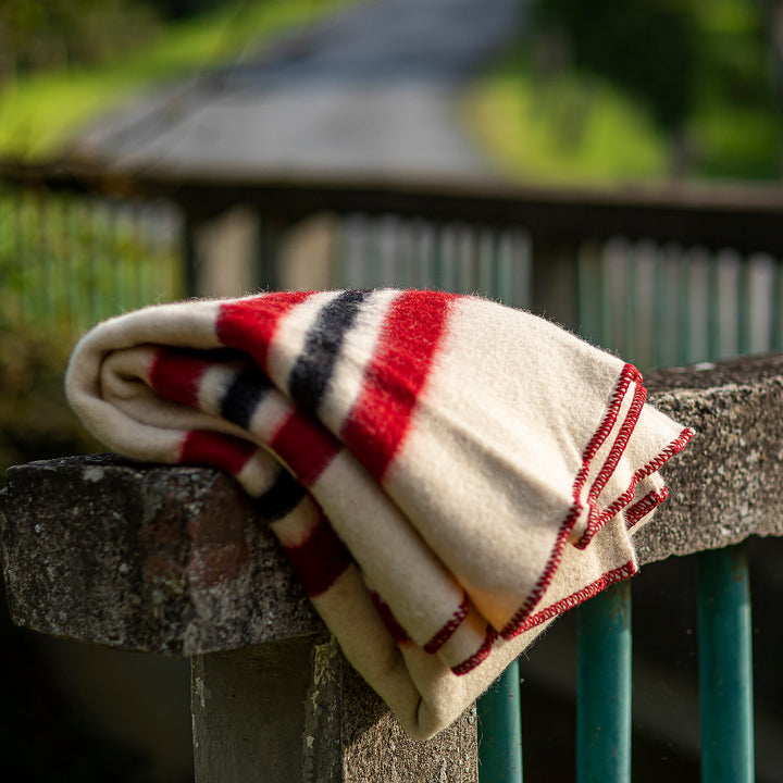 Strong wool blanket Rainbow XIII – white with red and black stripes-Balkanova
