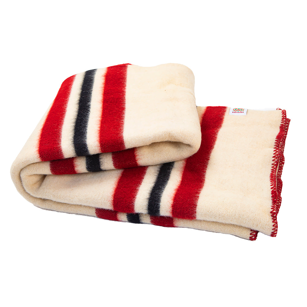 Strong wool blanket Rainbow XIII – white with red and black stripes-Balkanova