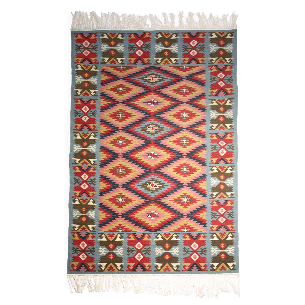 traditional hand made wool kilim blue pink green - Balkanova