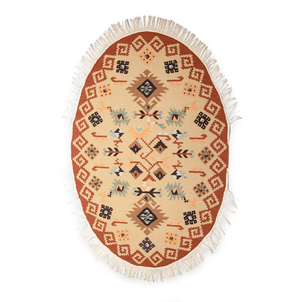 traditional hand made wool oval kilim orange cream white - Balkanova