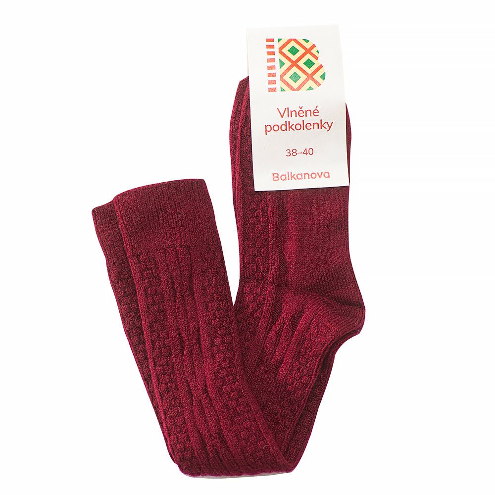 Patterned wool knee-high socks 80% wool, burgundy-Balkanova