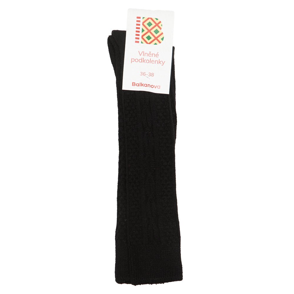 Patterned wool knee-high socks, 80% wool, black-Balkanova