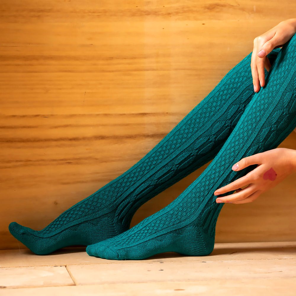Patterned woolen knee-high socks, 80% wool, blue-green-Balkanova