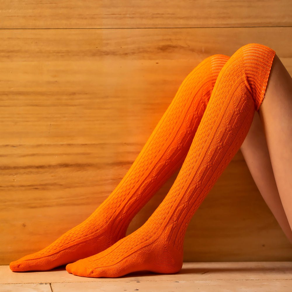 Patterned wool knee-high socks, 80% wool, bright orange-Balkanova