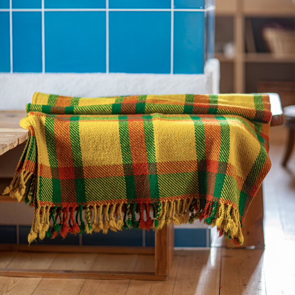 Colorful Wool Blanket Perelika XVIII – Yellow, Orange, and Green Checkered-Balkanova