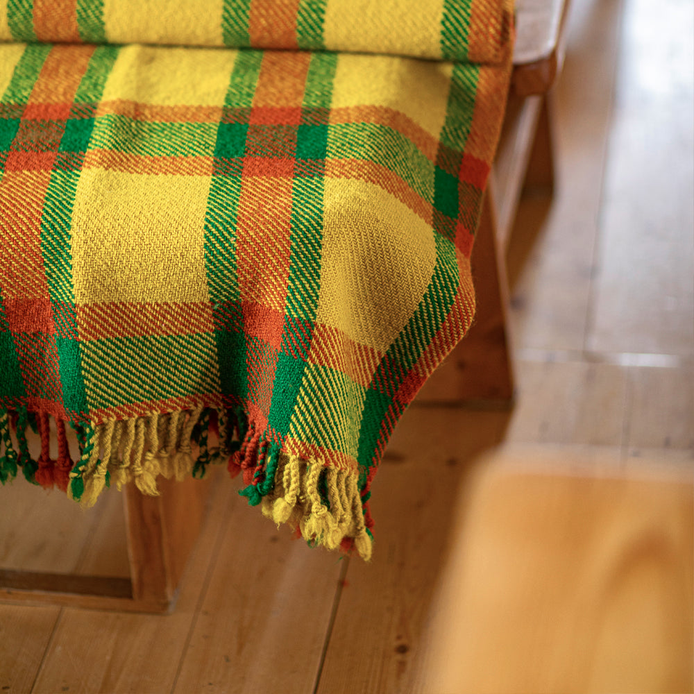 Colorful Wool Blanket Perelika XVIII – Yellow, Orange, and Green Checkered-Balkanova
