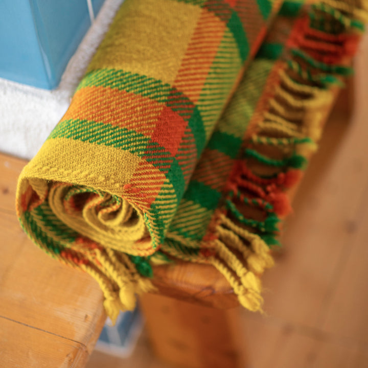 Colorful Wool Blanket Perelika XVIII – Yellow, Orange, and Green Checkered-Balkanova