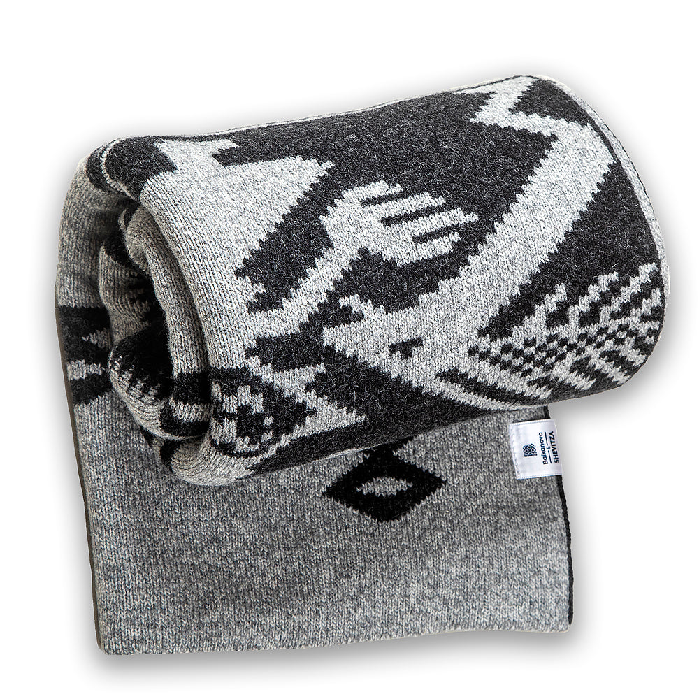 Wollschal "Baum des Lebens" - Merino grau und schwarz