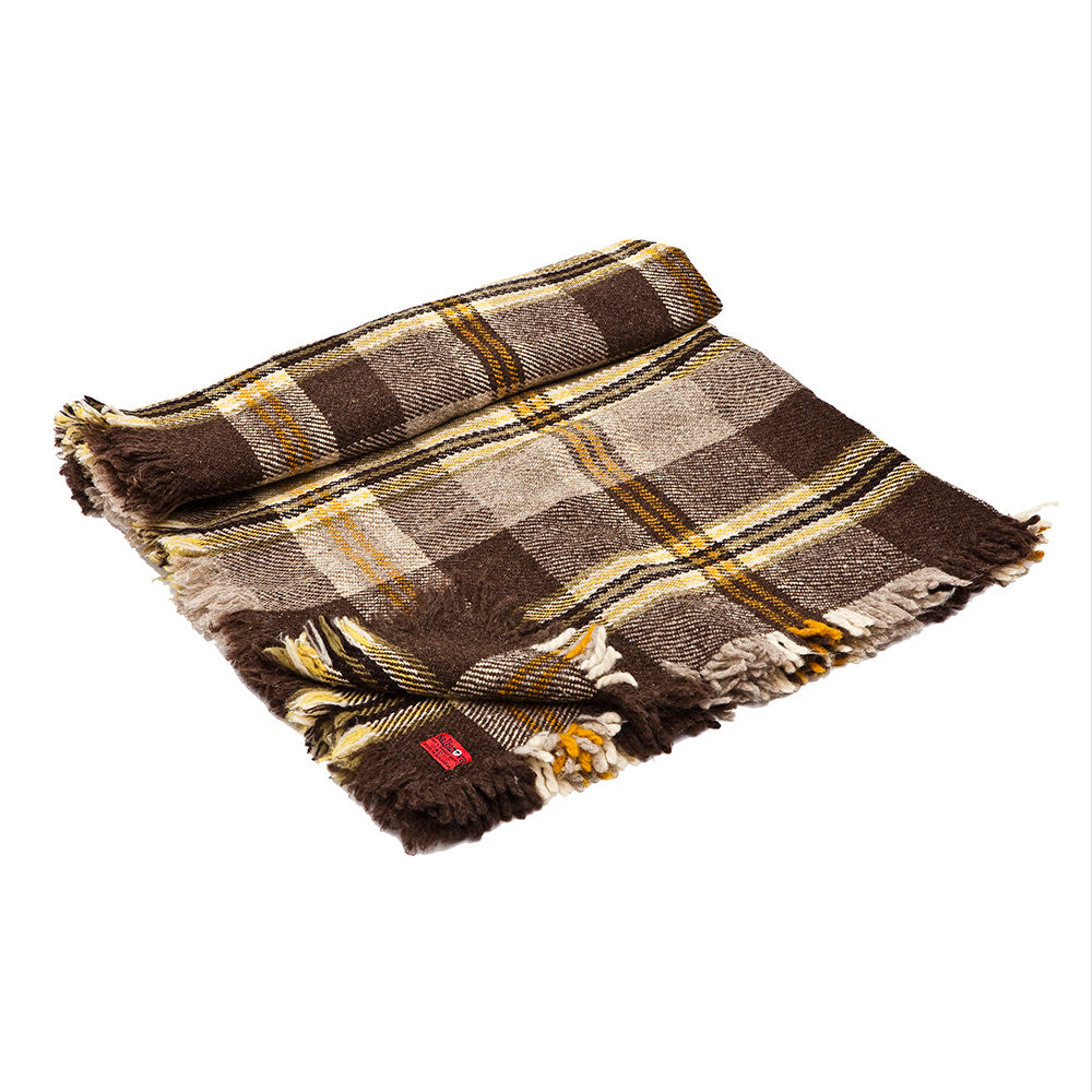 Rodopa X wool blanket – brown check with a yellow stripe-Balkanova