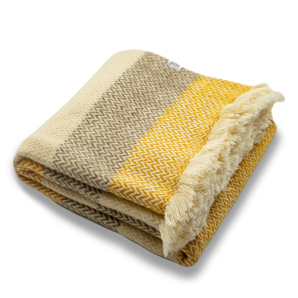 Wool Blanket Karandila XVIII yellow, white and grey stripes, King Size