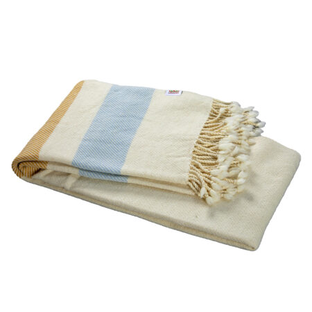 Merino Wool Blanket Perelika - White with Yellow and Baby Blue Stripes