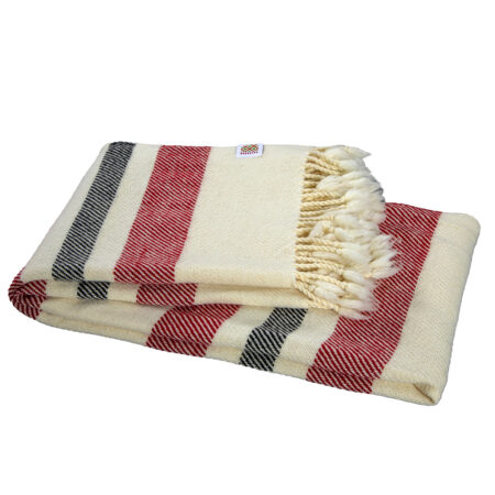 Merino Wool Blanket Perelika - White with Red and Black Stripes