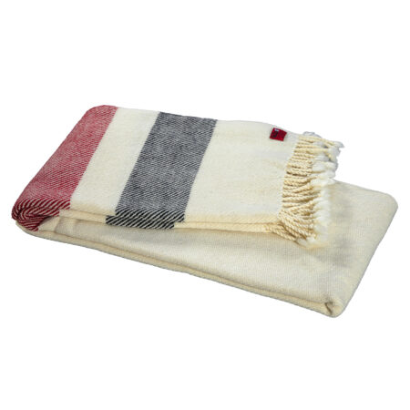Merino Wool Blanket Perelika - White with Red and Black Stripes on both ends