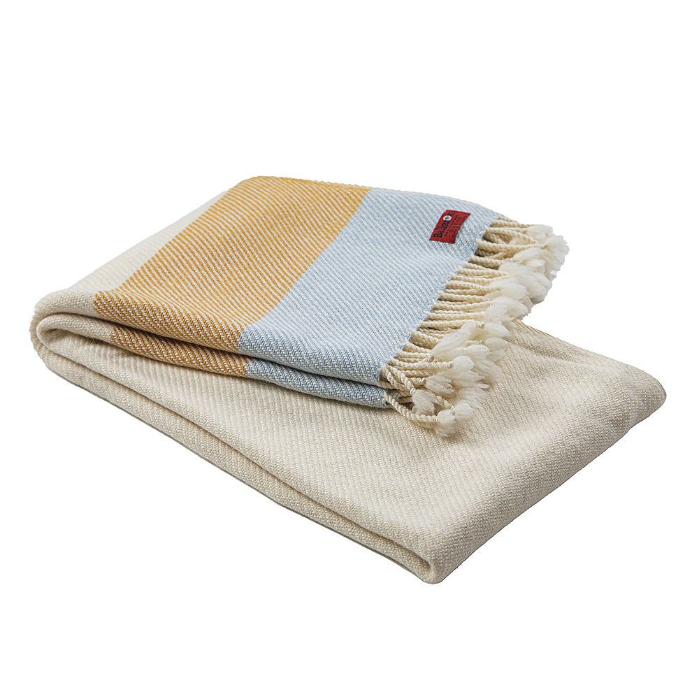 Merino Wool Blanket Perelika - White with yellow and light blue stripe, ULTRA SOFT