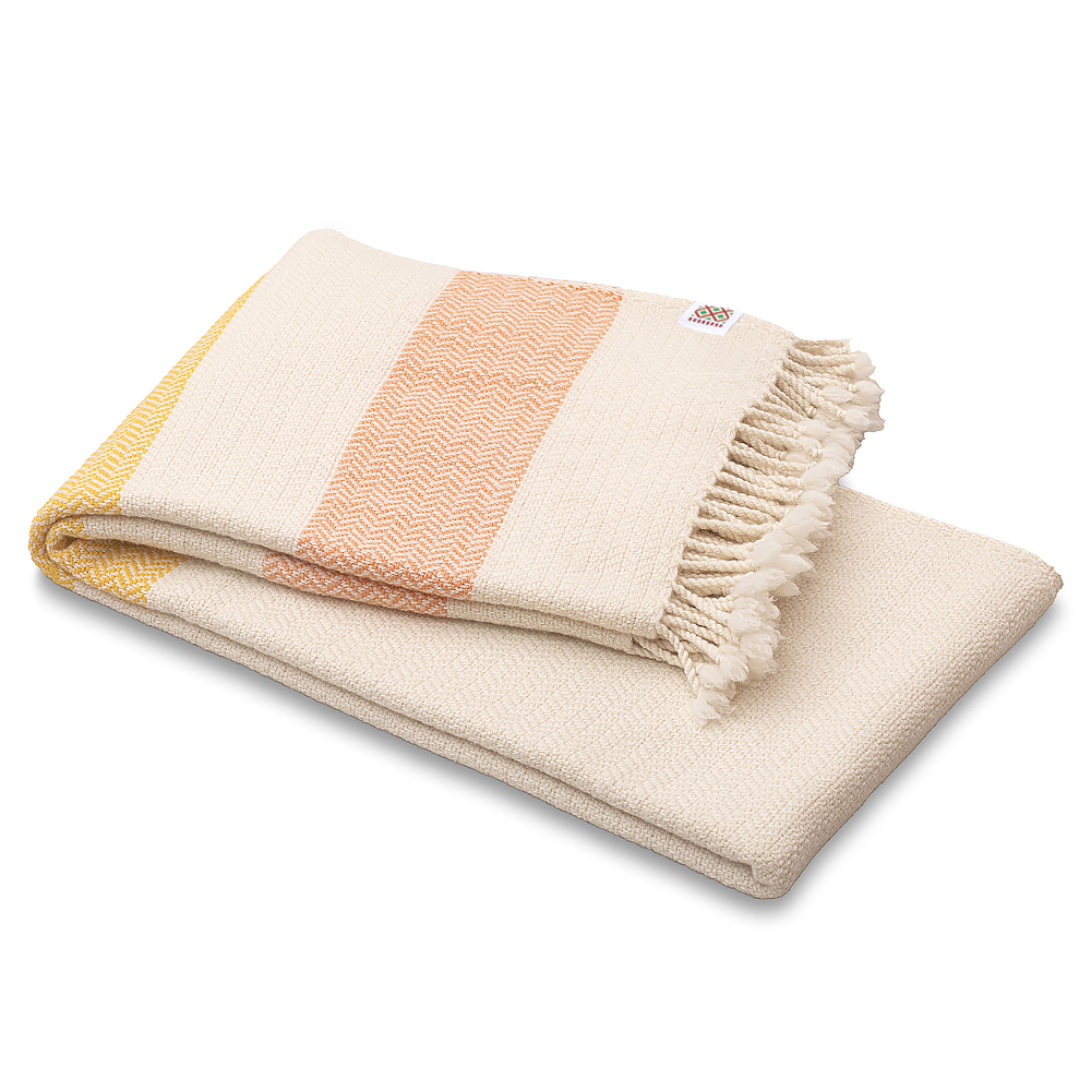 Perelika Merino Wool Blanket - White with Yellow and Orange Stripe, EXTRA FINE
