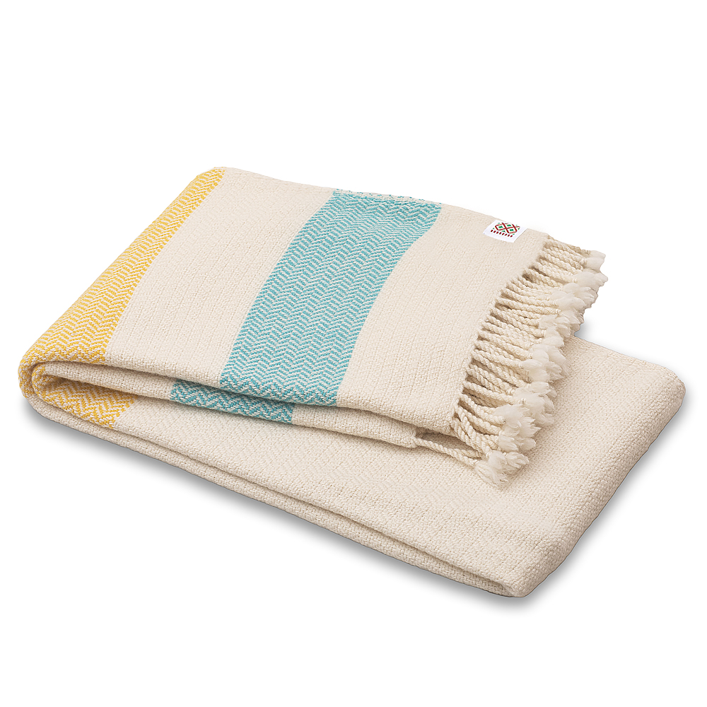 Merino Wool Blanket Perelika - White with Yellow and Blue Stripe, EXTRA FINE