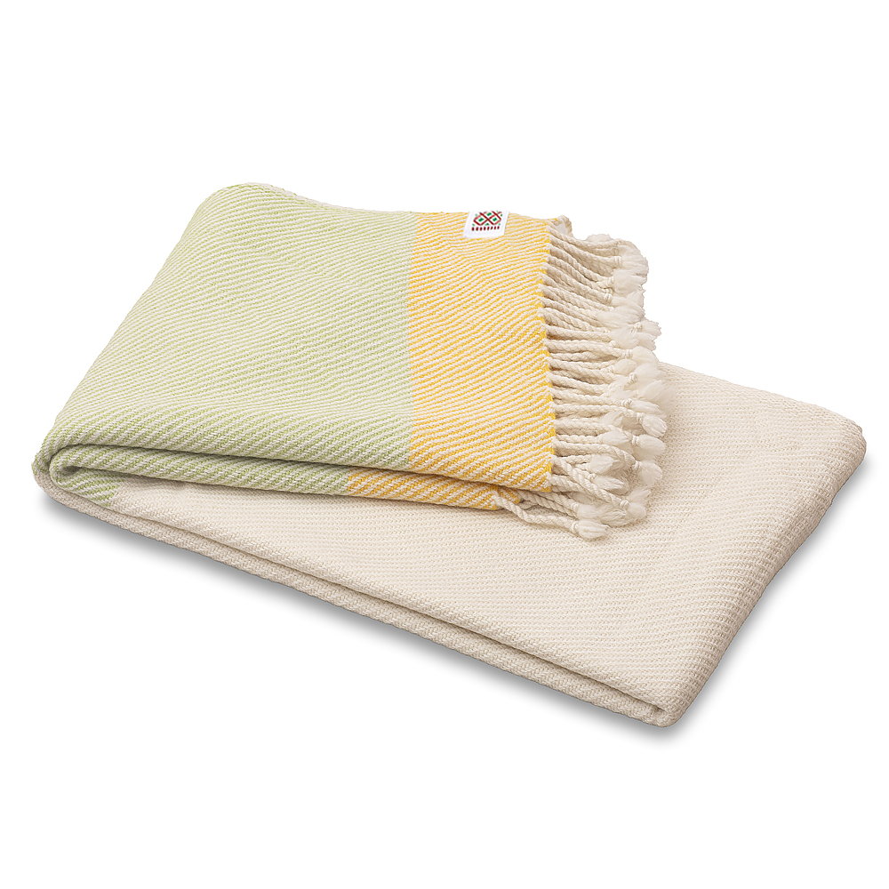 Merino Wool Blanket Perelika - White with Green and Yellow Stripe, EXTRA FINE