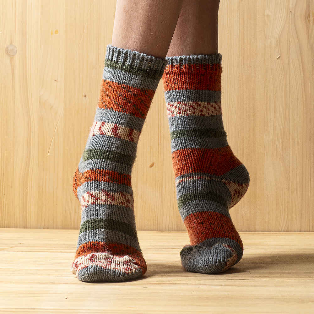 Merino Wool Socks, grey-orange patterned